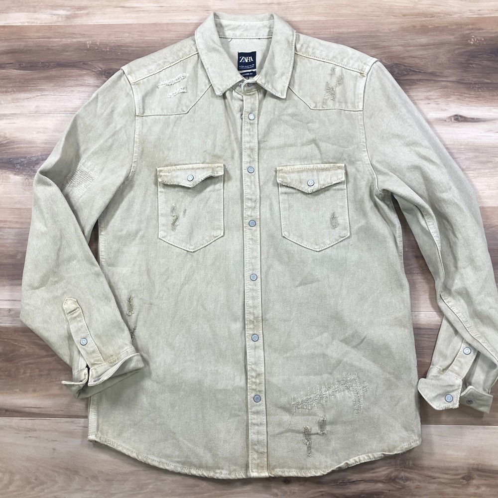 Zara Denim Shirt Mens M Distressed Cotton Relaxed Fit Khaki Streetwear Workwear